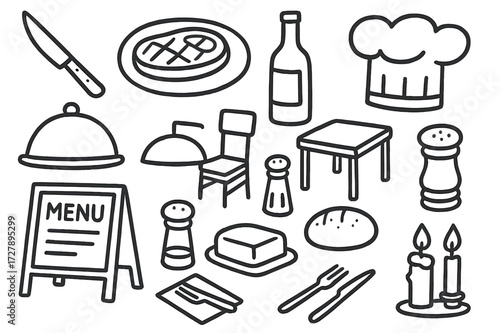 Steakhouse Essentials Doodle. Hand-drawn doodle illustration steakhouse restaurant steak knife, steak plate, wine bottle, chef hat, server tray, chair, table,