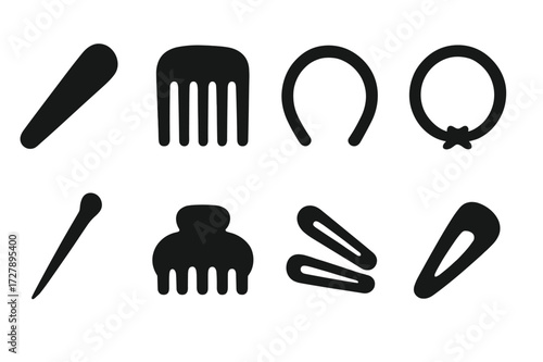Hair Accessory Icons. Solid, filled icon set of hairpin accessories: hair clip, hair comb, hairband, hair tie, hair stick, claw clip, barrettes, snap clip.