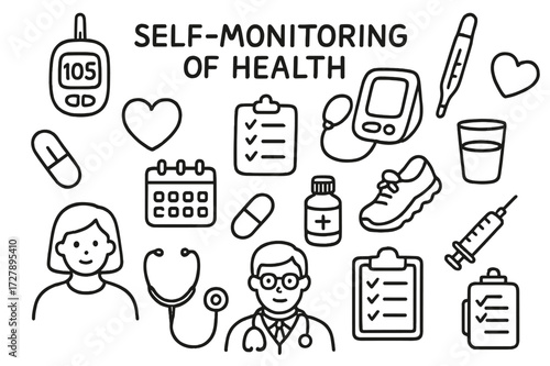 Health Monitoring Doodle Icons. Hand-drawn doodle illustration Self-monitoring of health Glucose meter, blood pressure monitor, thermometer, heart, calendar,