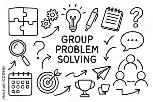 Problem Solving Icons. Hand-drawn doodle illustration Group problem solving puzzle pieces, magnifying glass, gears, notebook, pen, light bulb, question mark,