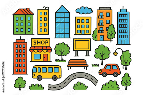 Vibrant Urban Doodle. Urban Buildings. Colorful Hand-drawn doodle Children illustration skyscrapers, apartment blocks, office towers, glass windows, balconies,