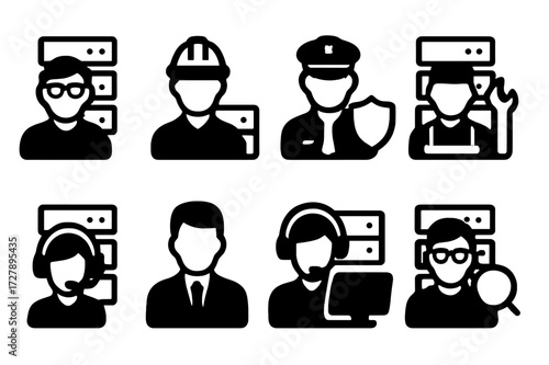 Server Personnel Icons. Solid, filled icon set of server farm personnel: system administrator, network engineer, security officer, technician, support agent,