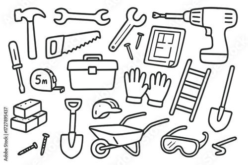 Construction Tools Doodle. Hand-drawn doodle illustration construction workers tools hammer, saw, wrench, screwdriver, drill, tape measure, ladder, toolbox,