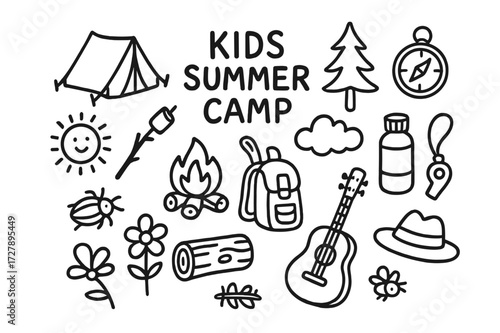Kids Summer Camp Doodles. Hand-drawn doodle illustration Kids summer camp activities [tent, campfire, marshmallow stick, backpack, compass, whistle, sun,
