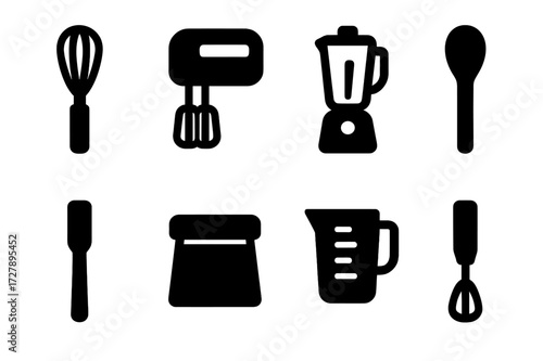 Kitchen Tool Icons. Solid, filled icon set of mixing implements: oak whisk, hand mixer, blender, wooden spoon, spatula, dough scraper, measuring jug, electric