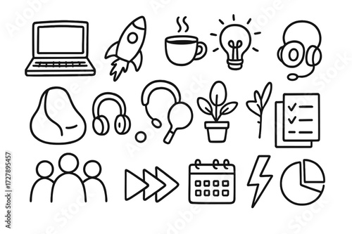 Startup Symbols Doodle. Hand-drawn doodle illustration [Startup work culture] [laptop, rocket, coffee cup, idea bulb, checklist, beanbag, headset, ping pong