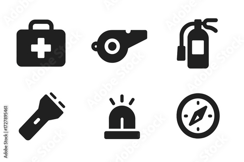 Camp Safety Icons. Solid, filled icon set of camp safety: first aid kit, whistle, map, fire extinguisher, flashlight, helmet, emergency signal, compass.