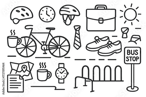Bike Commute Essentials. Hand-drawn doodle illustration bike commuting office bag, bicycle, briefcase, helmet, clock, road line, map, coffee cup, sun, shoes,