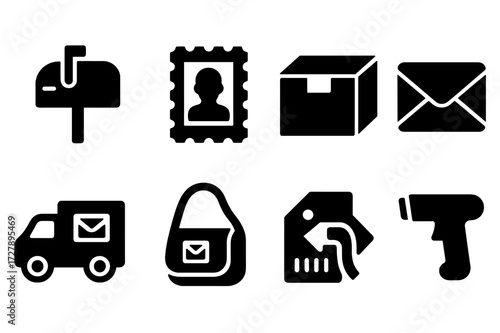 Postal Parcel Icons. Solid, filled icon set of postal parcel: mailbox, postage stamp, parcel box, envelope, mail truck, postman bag, return label, barcode
