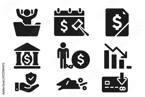 Financial Loss Icons. Solid, filled icon set of loss consequences: bankruptcy, penalty, write-off, lawsuit, debt, reduced income, insurance claim, credit drop.