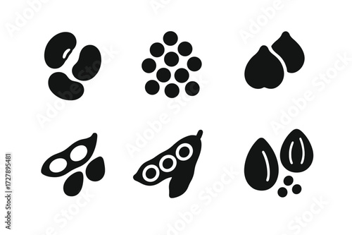 Plant Protein Icons. Solid, filled icon set of plant proteins: beans, lentils, chickpeas, soybeans, peas, nuts, seeds, quinoa. [Line icons in only black color.