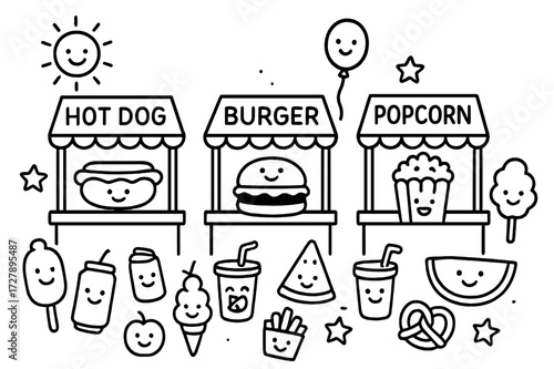 Summer Festival Treats. Hand-drawn doodle illustration food stalls at summer festival smiling face, hotdog, burger, pizza slice, popcorn box, cotton candy,