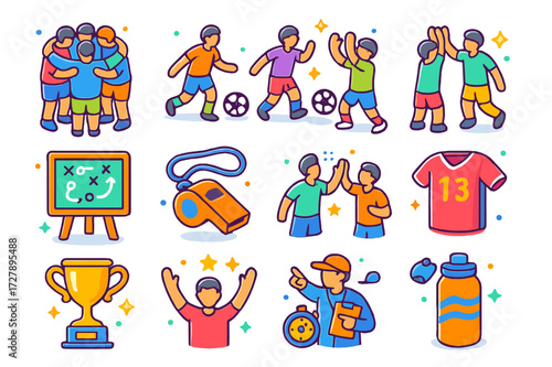 Colorful Sports Icons. Sports teamwork. Colorful isometric vector icons set of Sports teamwork: team huddle, passing ball, goal celebration, strategy board,