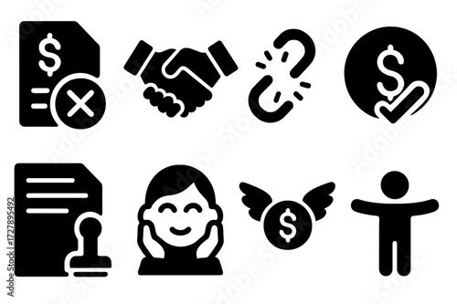 Loan Forgiveness Icons. Solid, filled icon set of loan forgiveness: cancelled loan, handshake agreement, broken chain, debt paid, contract with stamp, relieved