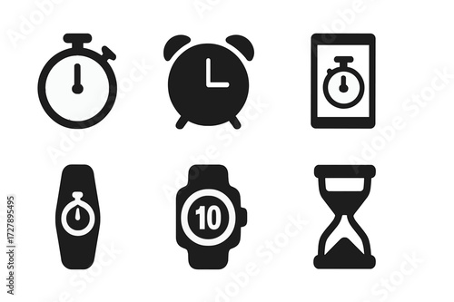 Time Tool Icons. Solid, filled icon set of stopwatch related tools: timer, alarm clock, calendar, stopwatch app, fitness tracker, smart watch, countdown clock,
