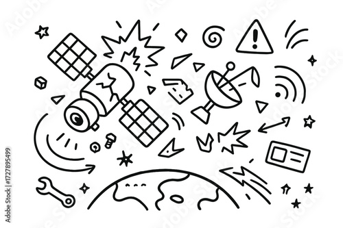 Satellite Collision Debris. Hand-drawn doodle illustration satellite collision debris cracked satellite, spinning parts, broken dish, metal fragments, orbit
