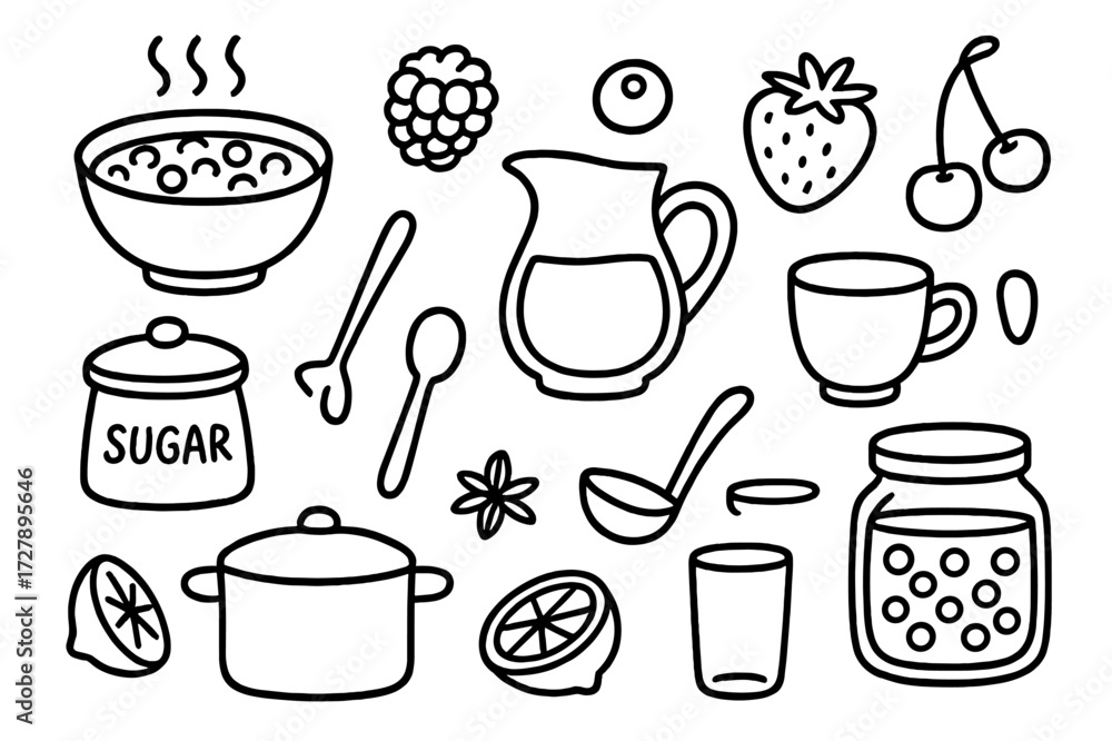 Obraz premium Berry Compote Doodle. Hand-drawn doodle illustration berry compote bowl, raspberry, blueberry, strawberry, cherry, sugar jar, pitcher, cup, spoon, pot, lemon
