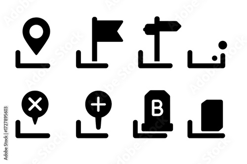 Corner Marker Icons. Solid, filled icon set of corner markers: map pin corner, flag corner, signpost corner, boundary corner, checkpoint corner, survey marker,