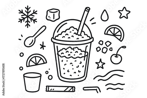 Doodle Slushie Elements. Hand-drawn doodle illustration Frozen slushie cup with dome lid, straw, snowflake, ice cube, droplet, star, swirl, bubble, spoon,