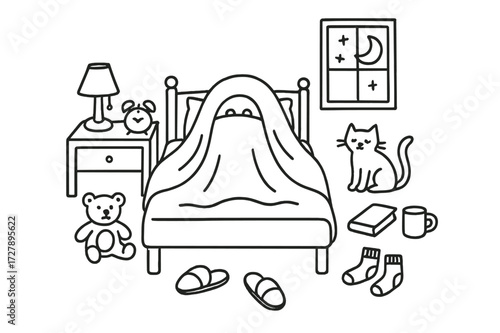 Cozy Bedtime Doodles. Hand-drawn doodle illustration Person hiding under a blanket in bed, blanket, pillow, bed, alarm clock, slippers, nightstand, lamp, teddy