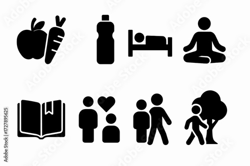 Therapy Lifestyle Icons. Solid, filled icon set of therapy lifestyle: healthy food, water bottle, exercise, sleep, meditation, journal, social connection,