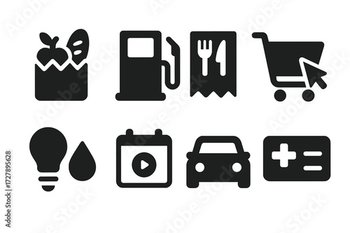 Spending Category Icons. Solid, filled icon set of spending categories: groceries icon, fuel pump, restaurant bill, online shopping, utilities, subscriptions,