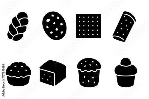 Cultural Bread Icons. Solid, filled icon set of cultural bread offerings: challah bread, naan, matzah, injera, bannock, cornbread, panettone, brioche. Solid,