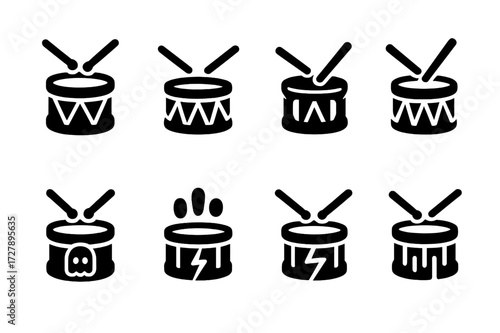 Drum Rhythm Icon Set. Solid, filled icon set of war drum rhythm patterns: march beat, double stroke roll, flam, paradiddle, rimshot, ghost note, fill, break.
