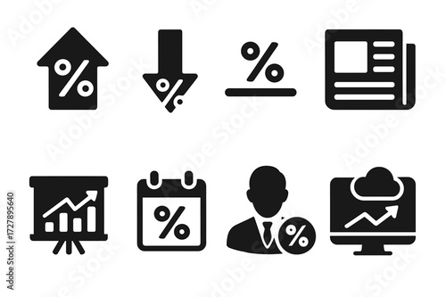 Interest Rate Icons. Solid, filled icon set of interest rate trends: upward arrow, downward arrow, stable line, market news, financial chart, calendar,