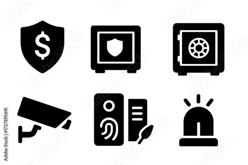 Wealth Protection Icons. Solid, filled icon set of wealth protection: shield with dollar, lockbox, insurance document, safe vault, security camera, biometric