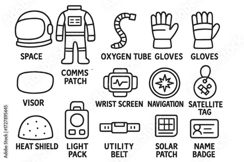 Space Gear Doodle Icons. Hand-drawn doodle illustration Space Exploration Gear helmet, suit, oxygen tube, gloves, visor, comms patch, wrist screen, navigation