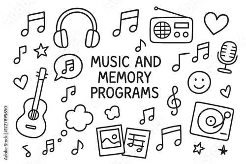 Music and Memory Doodles. Hand-drawn doodle illustration Music and Memory Programs musical notes, headphones, radios, record players, pianos, guitars, hearts,