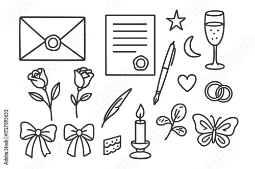 Elegant Wedding Doodle Elements. Hand-drawn doodle illustration elegant wedding stationery envelope, letter, wax seal, pen, ribbon, bow, flower, heart, rings,