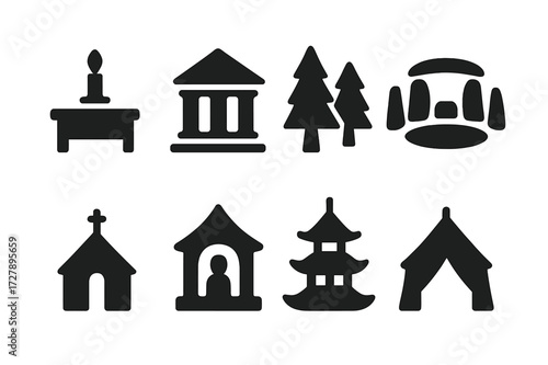 Ceremonial Icons Grid. Solid, filled icon set of ceremonial places: altar, temple, sacred grove, ceremonial circle, chapel, shrine, pagoda, ceremonial tent.