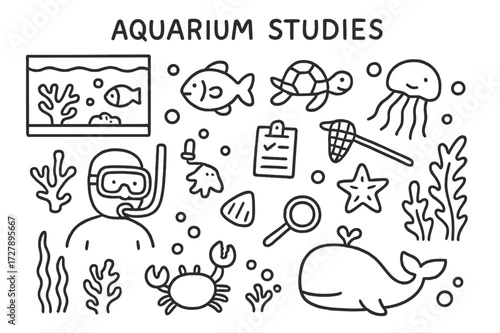 Aquarium Doodle Icons. Hand-drawn doodle illustration Aquarium studies [aquarium tank, fish, turtle, crab, jellyfish, coral, seaweed, bubbles, diver,