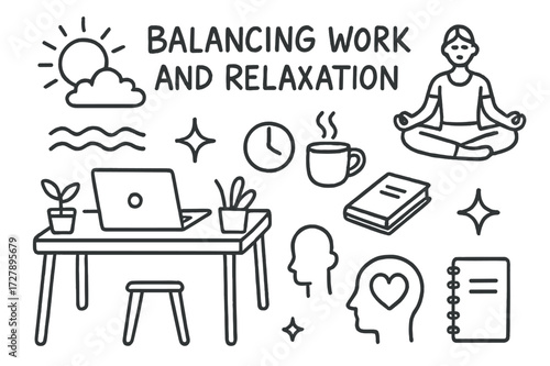 Work-Life Balance Doodles. Hand-drawn doodle illustration Balancing Work and Relaxation [desk, laptop, yoga pose, sun, cloud, wave, sparkle, star, plant, book,