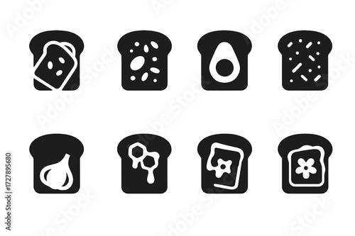 Global Toast Icons. Solid, filled icon set of toast variations worldwide: French toast, bruschetta, avocado toast, cinnamon toast, garlic toast, honey toast,