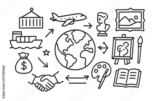 Global Trade Doodle. Hand-drawn doodle illustration Global trade in art [globe, shipping container, cargo ship, airplane, painting, sculpture, gallery frame,