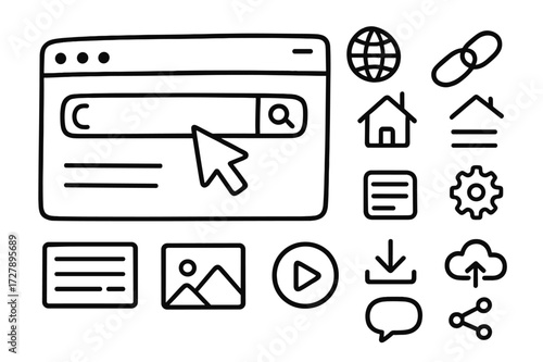Website Elements Doodle. Hand-drawn doodle illustration Website [browser window, cursor arrow, search bar, globe, chain link, homepage icon, text block, image
