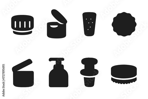 Container Lid Icons. Solid, filled icon set of container lids and closures: screw cap, flip top, cork, seal, snap lid, pump, stopper, twist cap. Solid, filled