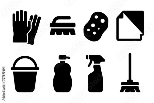 Cleaning Tools Icons. Solid, filled icon set of scrubbing gloves and tools: rubber gloves, scrub brush, sponge, cleaning cloth, bucket, soap bottle, spray