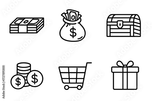 Wealth Icon Set. Outline icon set of excess wealth: stacks of cash, overflowing money bag, diamond, treasure chest, gold coins, credit card, shopping cart,