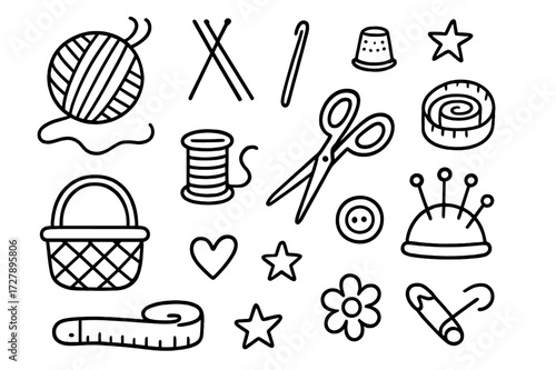 Basic Knitting Tools. Hand-drawn doodle illustration Basic knitting tools [yarn ball, knitting needles, crochet hook, scissors, measuring tape, thimble, spool,