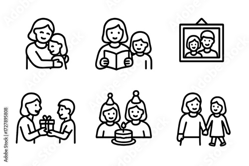 Aunt and Family Icons. Outline icon set of aunt and family: aunt hugging niece, aunt reading book, family photo, gift exchange, birthday celebration, baking