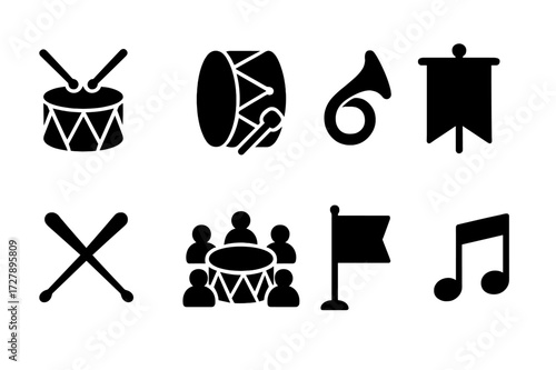 Battle Icon Set. Solid, filled icon set of battle rhythm elements: marching drum, war drum, battle horn, drumsticks, war banner, drum circle, battlefield flag,