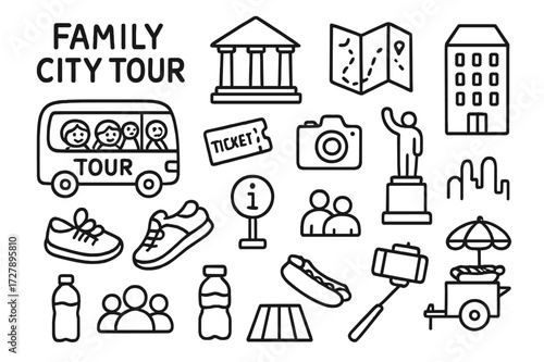 Family City Tour Icons. Hand-drawn doodle illustration Family City Tour bus, museum, building, guide map, ticket, camera, monument, crosswalk, travel shoes,