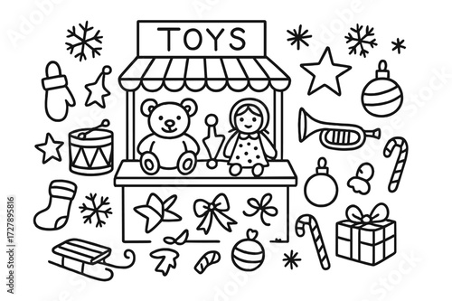 Winter Toy Stall Illustration. Hand-drawn doodle illustration Winter toy stall teddy bear, drum, trumpet, doll, star, ornament, ball, stocking, mitten,