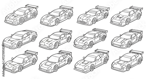 Dynamic collection of sleek, high-performance sports cars showcasing aerodynamic designs and powerful racing aesthetics for automotive enthusiasts and design projects