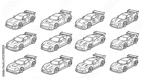 Dynamic collection of sleek sports cars with racing spoilers, presented in a clean, modern line art style perfect for automotive design projects and branding.