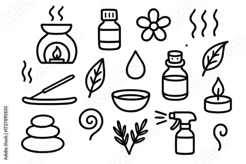 Aromatherapy Essentials Doodle. Hand-drawn doodle illustration Aromatherapy diffuser, essential oil bottle, flower, incense stick, steam lines, leaf, droplet,